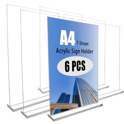 Swanaryo A4 Acrylic Sign Holder, 6 Pack T-Shape Double-Side Display Stand, Clear Document Menu Poster Holder for Office, Shop, Home, Restaurants