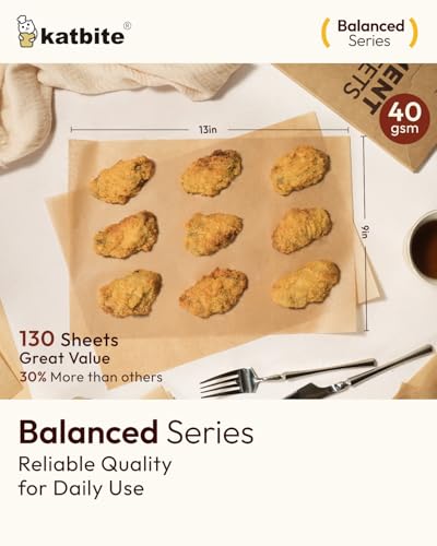 Katbite 130 Pcs Parchment Paper Sheets, 9x13 Inches Unbleached Baking Paper Non-Stick for Gently Baking, Pre-cut Parchment Paper Suitable for Baking, Cooking,Air Fryer [Balanced Series]
