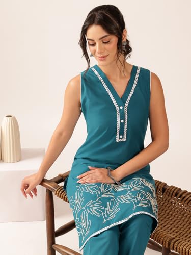 Image of Vbuyz Women's Printed & Hand Work Straight Cotton Blend Parrot Green Kurta,Pant with Dupatta | Kurta Set with Dupatta for Women | Suit Set | Ethnic Set | Printed Kurta Set | Salwar Set for Women