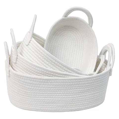 Caroeas Set 4 Cotton Rope Woven Storage Baskets, Shelf Baskets for Organizing, Durable&Soft Decorative Basket Bins for Baby Nursery and Toys, White Cover