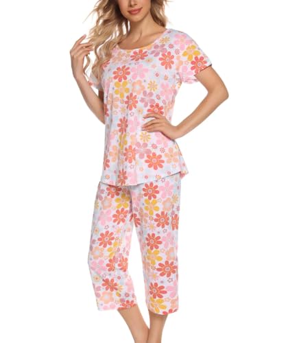 Image of ENJOYNIGHT Womens Pajama Sets Cotton Pj Set Short Sleeve Top With Capri Pants Sleepwear 2 Piece Lounge Set