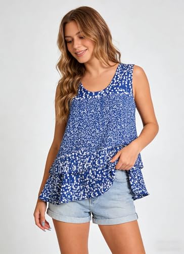 Image of Summer Tops for Women Flowy Chiffon Sleeveless Blouses White Tank Top Woman Ladies Crewneck Double Layers Strap Shirt