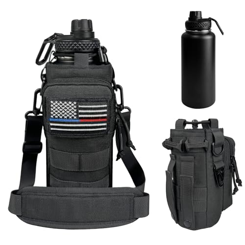 Image of 32 Oz Insulated Water Bottle - Stainless Steel Metal Military Black Water Jug with Sleeve, Gym Water Bottles for Men Sports Workout Hiking with Black Water Bottle Pouch