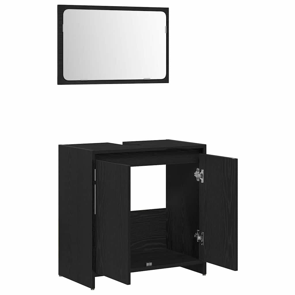 Szafka łazienkowa z drzwiami, w kolorze czarnym, imitacja dębu, wykonana z materiału drewnopochodnego, 60 x 33 x 60 cm, z płaskim lustrem, miejsce do przechowywania mebli łazienkowych do