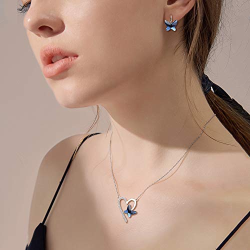 EleQueen 925 Sterling Silver Love Heart Butterfly Pendant Necklace Stud Earrings Ring Sets Made with Crystals, Valentine's Day/Mother's Day/Christmas Jewelry Gift for Wife/Mom2