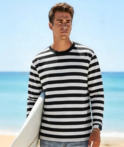 Image of KESIHAN Mens Striped Long Sleeve Shirt Crewneck Casual T-Shirt Basic Stripe Cotton Spandex tee Shirt