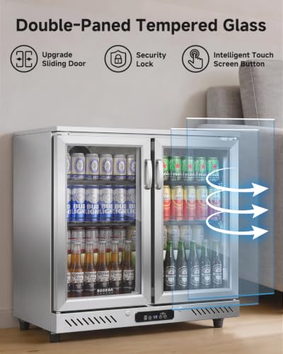 Image of BODEGA 35 inch W Back Bar Cooler Stainless Steel Counter Height Beverage Fridge, 7.4 Cu.Ft Commercial Beer Fridge, 2 Glass Door Display Drink Cooler with LED Light for Bar Pub Night Club