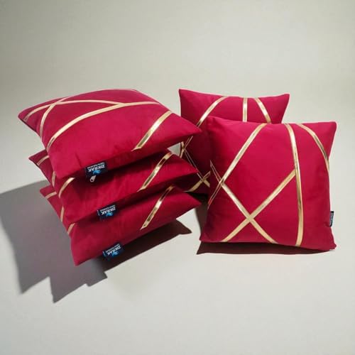 Image of Zikrak Besur Gold Stripe On Velvet|Pack of 5 Cushion Cover|for Home Decoration|Living Room Decor|Hotel Premeuim Quality Cushion Cover|Exclusive ON Amazon (Maroon, 22 X 22 INCH(55 X 55 CM))