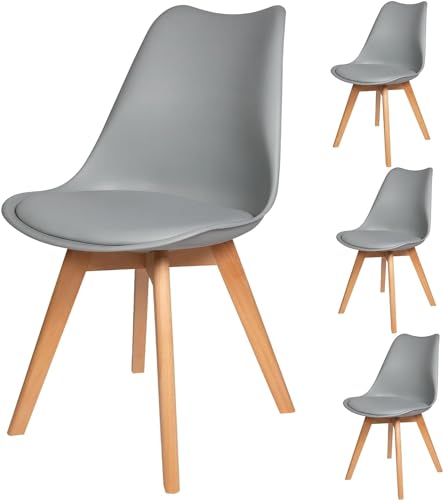 AnYu Furniture Sillas de Comedor Pack 4, Sillas Comedor de Sala con Asiento Tapizado, Mesa y Sillas Cocina Silla Nordica Blanca de Madera de Haya Maciza (LQ Tulip 4, 4 Gris)