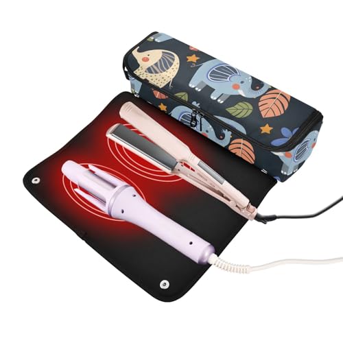 Organizadores para herramientas de peinado, erizo y pequeño elefante con estrellas, bolso portátil para herramientas de peinado con tapete resistente al calor para planchas, rizadores y otras herramientas de peinado miniatura 2