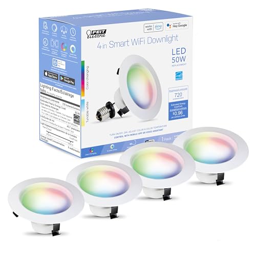 Image of Feit Electric 4 inch Smart LED Recessed Downlight, Color Changing + Tunable White, Voice Control, 2.4GHz Wi-Fi, Fits 4-Inch Recessed Cans, E26 Base, Dimmable, 50,000-Hour Lifetime, LEDR4 /RGBW /AG /4, 4 Pack