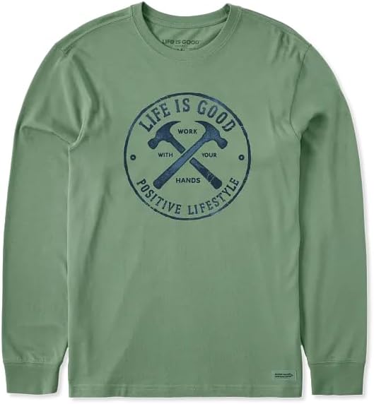 Life is Good. Men's Work with Your Hands Hammers Long Sleeve Crusher Tee, Granite Green