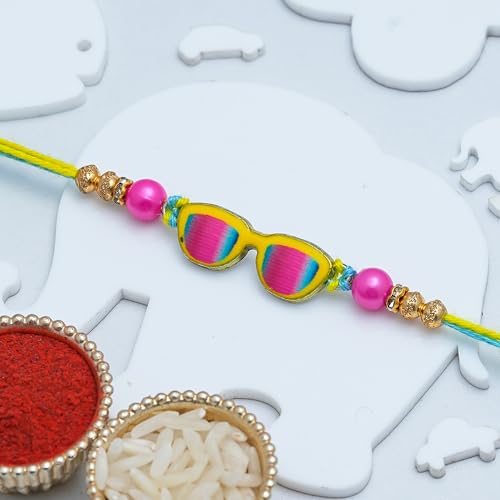 Image of eCraftIndia Chashma Sunglass Design Rakhi for Kids Girls Boys with Best Bro Ever Fridge Magnet | Raksha Bandhan Kids Rakhi for Brother Bhaiya Bhai | Roli Chawal Pack
