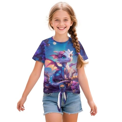 WELLFLYHOM Girls Tee 5-12 Tie Front Tee Short Sleeve T Shirt Graphic Crewneck Tee Shirt Tops Back to School Clothes