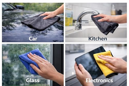 Image of Microfiber Cloth 600 GSM 40 X 40 cms - 1 pcs for Car, Bike Cleaning and Detailing & Home Cleaning, Double Sided, Super Absorbent & Lint Free (Grey /Yellow) OR (Grey /Blue)