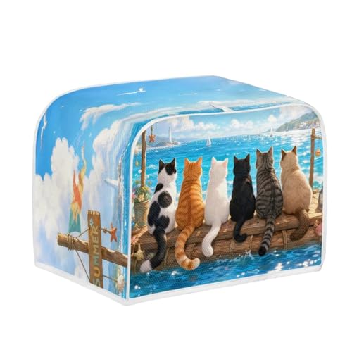 Image of Talayituse Cat Sea Beach Print 2 Slice Toaster Dust Covers Kitchen Small Appliance Cover, Stain Resistant Dust Protection Bread Machine Cover with Top Handle, S
