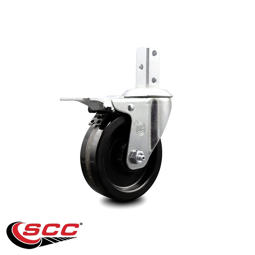 Swivel Square Stem Caster w/4” x 1.25” Black Phenolic Wheel – 3/4” x 2” Square Stem with (3) 17/64” Diameter Mounting Holes & Total Lock Brakes – 300 lbs. Capacity/Caster – Service Caster Brand
