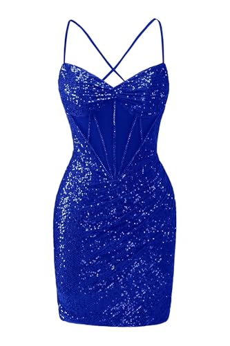 Sparkly Sequin Homecoming Dresses Spaghetti Straps V-Neck Short Prom Dress for Teens Bodycon Ruched DAMA Dress - Main Image