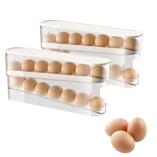 Gzsekken Egg Dispenser - Fridge Roll Down Stackable With Lid Trays Container Holds 12 Eggs 2 Tier Egg Container Storage Basket Rolling Holder for Kitchen Countertop Organizer-2pack