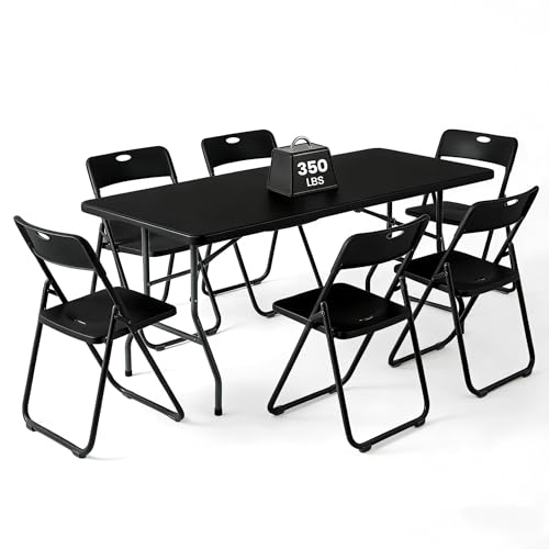 DOINUO 6FT Foldable Table Set with 6 Pack Plastic Folding Chairs, Heavy Duty 350 lbs Folding Table & Folding Chairs, Portable Foldable Furniture Bundle for Parties, Wedding, Events, Indoor & Outdoor