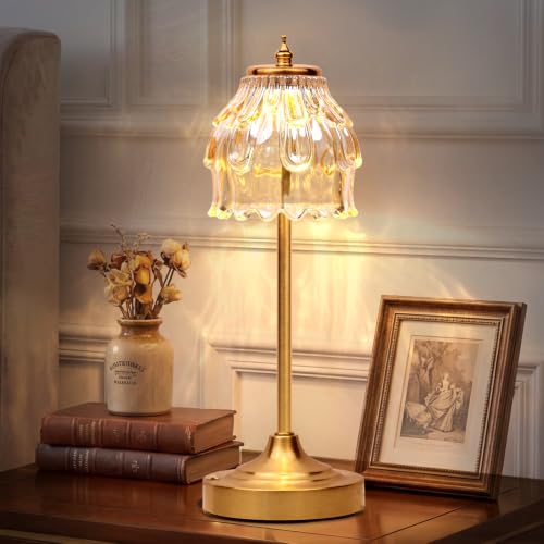 Rechargeable Cordless Table Lamp with Amber Glass, Gold Flower Table Lamp | 5200...