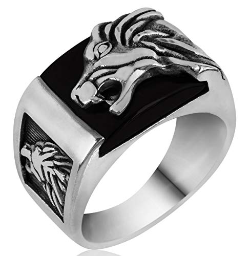 mysilverworld Solid 925 Sterling Silver Handmade Black Onyx Stone Lion Men's Ring (10.5)