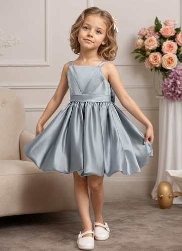 Short Satin Flower Girl Dress Spaghetti Strap Bow Elegant A-Line Girls First Communion Dresses Party Formal Gowns4