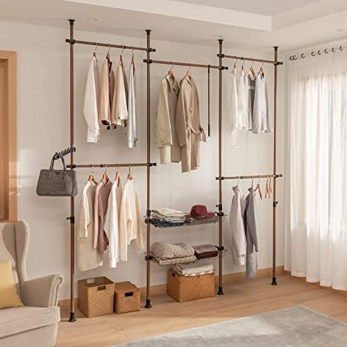 SoBuy KLS04-BR, Adjustable Wardrobe Organizer Clothes Shelf System Hanging Rail Telescopic Storage Shelving, Brown
