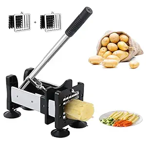 French Fry Cutter Potato Chipper with 2 Interchangeable Heavy Duty Stainless Steel Blades and Extended Handle Round Bottom Force Sucker Vegetable Slice Chipper