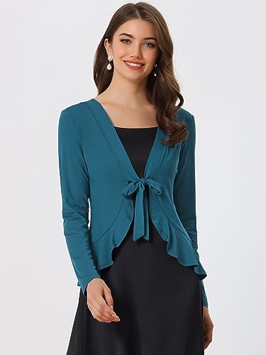 Image of Allegra K Women's Tie Front Sweater Dressy Casual Cardigan Draped Ruffle Shrugs for Women Dresses X-Large Blue Green