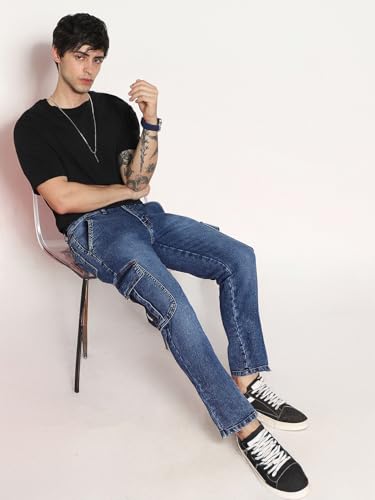 Image of Urbano Fashion Men's Regular Fit Washed Cargo Jeans with 6 Pockets Stretchable