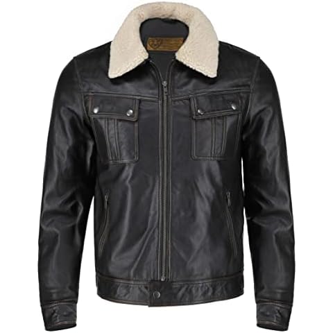 Mens Real leather Trucker Denim style leather jacket (M, Black) Cover