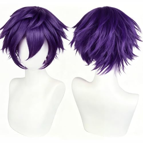 ANOGOL Hair Cap+ Short Purple Wig Men Dark Purple Male Wig Short Anime Wigs Layered Fluffy Wigs Pelucas para Hombres Synthetic for Halloween Christmas Event Costume Party