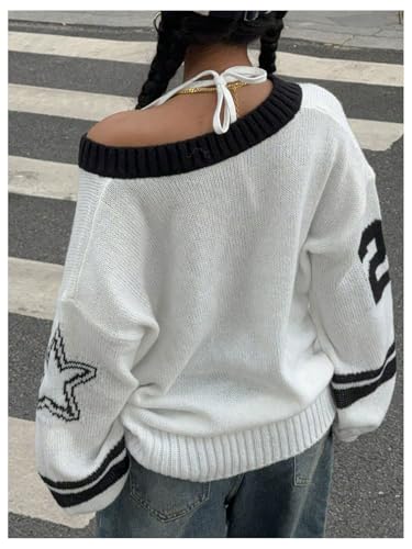 Image of BEAUDRM Women's Y2K Sweater Oversized Sweaters Long Sleeve V Neck Pullover Jumper Knit Top