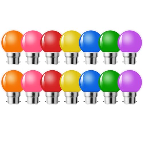 MZYOYO Lot de 14 Ampoule LED Couleur B22 Baïonnette,Ampoule Guirlande Exterieure,Ampoules B22 LED 2W G45,Multi Colore,Équivalent 10W,Rouge Jaune Bleu Vert...
