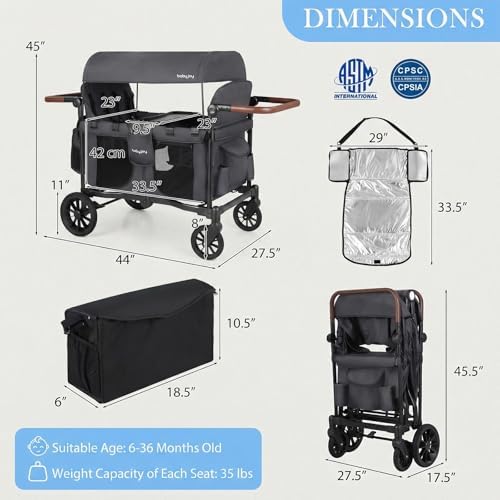 BABY JOY Wagon Stroller for 4 Kids, Foldable Stroller Wagon with Removable Canopy, Adjustable Handle, Snack Tray, Parent Organizer, 5-Point Safety Harness, Convertible Diaper Bag/Changing Pad (Gray) — view 6