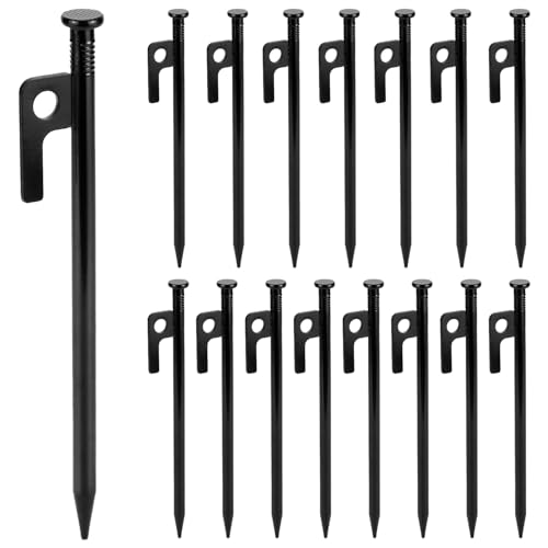 QWORK Heavy Duty Tent Stakes, 8-Inch Steel Tent Pegs, 16-Pack, Unbreakable & Inflexible Metal Stakes for Camping, Suitable for Rocky Terrain, Deserts, Snowfields, and Grasslands