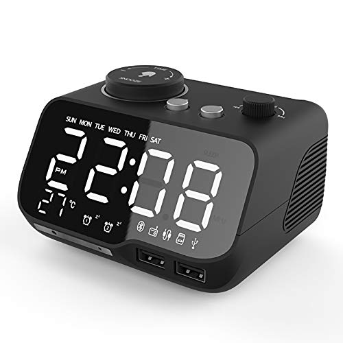 Led Digital Wecker, Radiowecker Bluetooth Mit Fm Radio, Dual-Alarm, Lautsprecher, Aux/Tf, Große Spiegel-anzeige 2 USB-ladeanschluss
