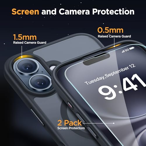 Image of Miracase Magnetic for iPhone 16 Plus Case [with 2X Screen Protectors] [Compatible with MagSafe], Slim Thin Phone Case Military-Grade Protected for iPhone 16 Plus Cover Bumper 6.7 Inch, Black