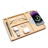 Valet Tray, Built-in Wireless Charger, Nightstand Organizer, Bamboo Desk Bedside Caddy Organizer Tray for Men, EDC Catchall Trays for Keys, Watch, Phone, Jewelry