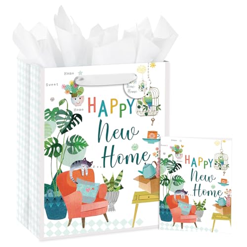 Loveinside Housewarming Gift Bag, Happy New Home Design with Cat and Plants, Medium Size Gift Bag with Tissue Paper, Tag, Greeting Card for New Homeowners, Couples, Friends, 10" x 5" x 13", 1 Pcs