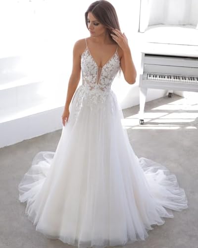 SYYS Spaghetti Straps Tulle Wedding Dress for Bride 2024 Long with Train SYYS26-B2