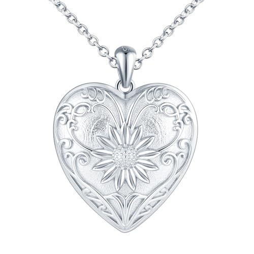 MICYUMI Collar con medallón para foto en forma de corazón de plata de ley 925 para mujer - Motivo de sol y flor, 3.5 cm x 3.5 cm (pendant) - 45 cm (chain length), Plata, No es una piedra preciosa
