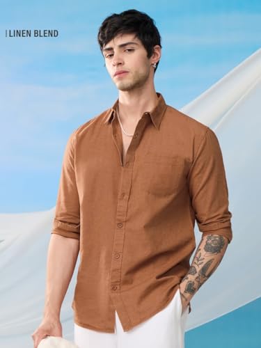 Image of The Souled Store Bold Black Men and Boys Long Sleeve Collared Neck Buttoned Front Regular Fit Cotton Linen Shirts