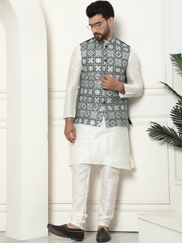 Image of SOJANYA (Since 1958 Men's Silk Blend Kurta Pyjama with Embroidered Nehru Jacket