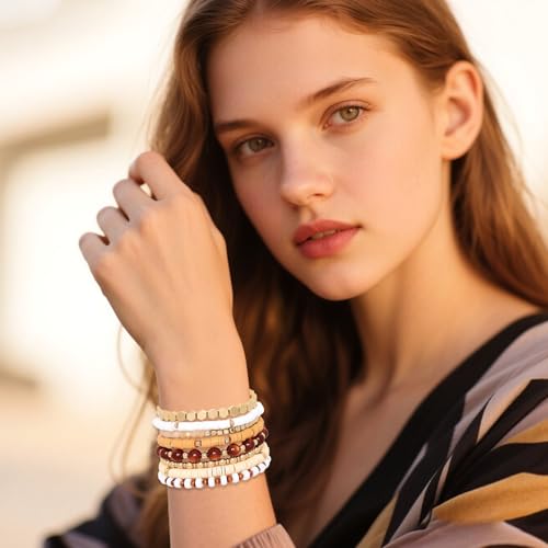 13pcs Surfer Trendy Heishi Clay Bead Bracelets Boho Beaded Stretch Bracelets for Women Bohemian Stackable Gold Beaded Elastic Layering Friendship Bracelets Set Summer Beach Boho Jewelry Gift4