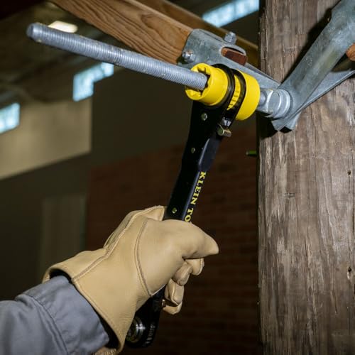 Image of KLEIN TOOLS KT155HD Heavy-Duty 6-In-1 Lineman's Ratcheting Wrench with Bolt Through Design and Bright Yellow Socket