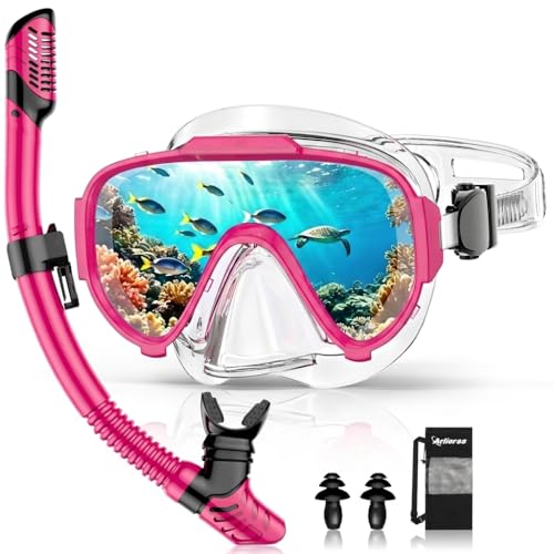 Arlierss Schnorchelset Erwachsene, Schnorcheln Set mit Schnorchel und Taucherbrille für Herren Damen, Tauchermaske 180° Panorama Anti-Fog Anti-Leck, Premium Dry Schnorchel,Rosa