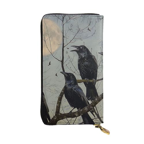 Portefeuille en cuir pour femme imprimé oiseau et porte-monnaie noir à fermeture éclair