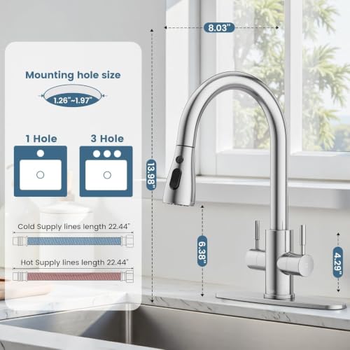 Hurran Kitchen Sink Faucet with Pull Down Sprayer, Brushed Nickel 2 Handles | High Arc Stainless Steel Kitchen Faucet with Escutcheon, Suitable for Kitchens, RVs, Laundry, and Bars - image 6